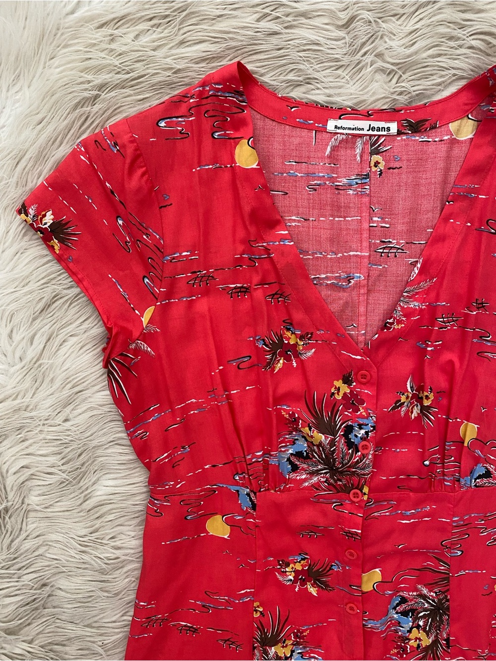 Reformation Denise Midi Dress Fuji Short Sleeve Red Tropical Hawaiian Retro M - Picture 3 of 11